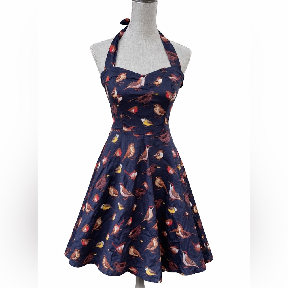 Topdress Navy Bird Print Halter Fit & Flare Dress Lace-Up Back Size L